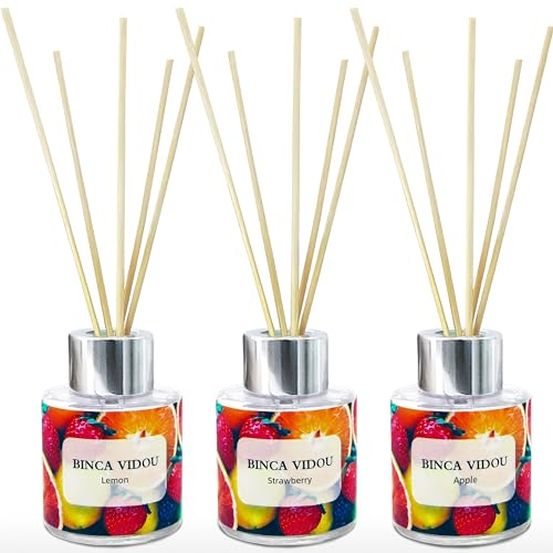 Binca Vidou Reed Diffuser Set of 3, Lemon Apple Strawberry Fragrance Reed Oil Diffuser Set with Rattan Reeds for Office Bathroom Living Room 50ml