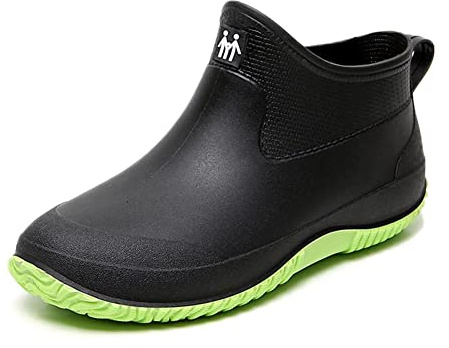 Men's Wellington Boots Short Ankle Wellies EVA Slip-On Womens Rain Boots Rubber Waterproof Garden Shoes Outdoor Work Black Green Size 9.5 UK