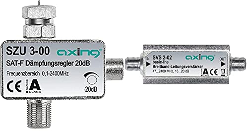 Axing SZU 3-00 SAT-Dämpfungsregler F-Anschluss (0,5-20 dB) & SVS 2-02 Satelliten-Leitungsverstärker Inline Breitband (20 dB, 47-2400 MHz)