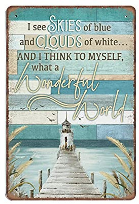 DAIERCY Beach Wonderful World Blue Tin Signs, Beach Ocean Color Funny Vintage Metal Sign Plaqu Poster Wall Art Pub Bar Kitchen Garden Bathroom Home Decor, 140x200 mm