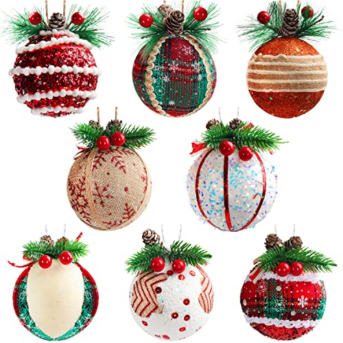 Belle Vous Palline di Natale Decorazioni Assortite (x8) - Palle in Schiuma da 7,5 cm con Pigne Finte e Spago - Particolari per Addobbi Albero