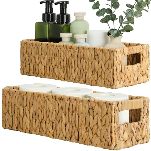 Graciadeco Nesting Small Wicker Basket, Water Hyacinth Toilet Paper Baskets Bathroom Organizer Woven Long Narrow Baskets for Organizing Pantry Bathroom Toilet Tank, 2 Pack