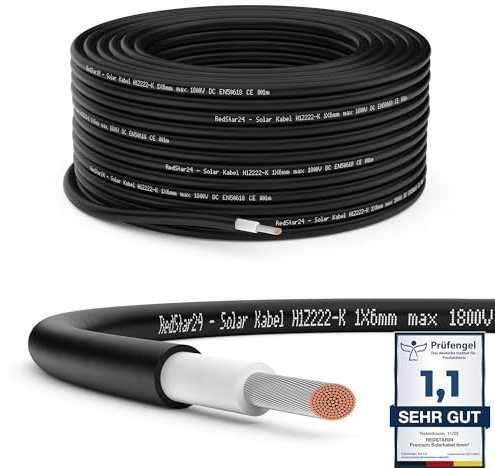 RedStar24 Premium Solarkabel 6mm² Schwarz - 10m - TÜV SÜD geprüft - UV-beständig, flexibel, Photovoltaik Kabel, PV Kabel, Solar Anschlusskabel für Solarpanel, Wechselrichter & Laderegler - langlebig