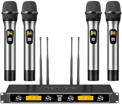 TONOR Système de Microphones sans Fil avec 4x5 Canaux Microphones à Main sans Fil en Métal, 4 Antennes pour Une Portée de 90m UHF, Signal Stable pour Le Chant, la Fête, l'église, Le Karaoké, Argent