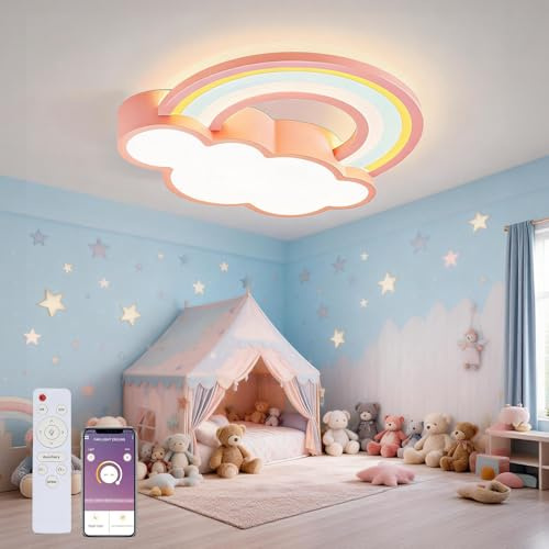 KZT LED Lampe de Plafond Dimmable avec Télécommande 48W Plafonnier Nuage Arc-En-Ciel Éclairage de Plafond Moderne Garçon Et Fille Chambre D'enfants pour Chambre à Coucher Salon Bureau Hôtels, Rose