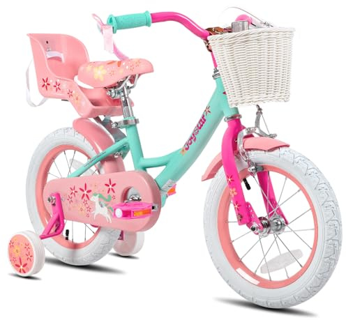 JOYSTAR Unicorn 14 Inch Kids Bike for 3 4 5 Years Girls with Doll Bike Seat Children Princess Bicycle with Training Wheels Basket Streamer Toddler Cycle Bikes Green
