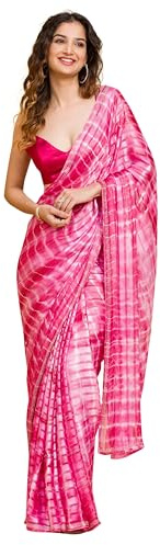 TRENDMALLS Dam satin blommande siroski arbete sari med blusstycke, Rosa, One Size