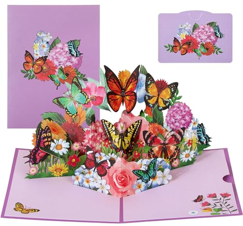 BOFUNX Pop up Karte Schmetterlinge auf Blumen 3D Blumenkarte Grußkarte Glückwunschkarte Kreative Geburtstagsgeschenk für Familie und Freunden
