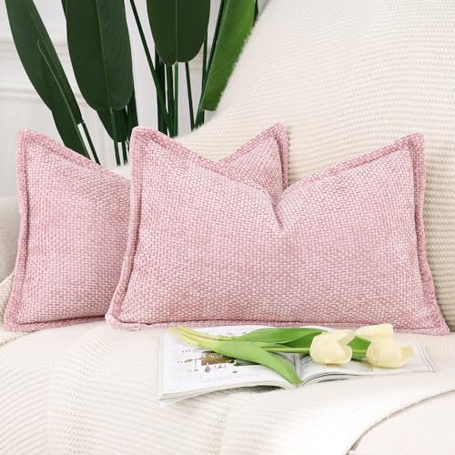 Madizz 2er Set Chenille Samt mit Rand Kissenbezüge Weiche Dekorativ Zierkissenbezüge Modern Kissenhülle für Sofa Wohnzimmer Schlafzimmer Rosa 40x60 cm