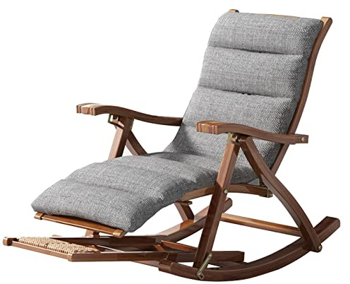 SCGSJZH Silla Mecedora de Jardín Exterior, Silla Tumbona Bambú, Sillón Reclinable de Plegable, con Reposapiés y Masaje de Pies 5 Posición Ajustable para Terraza Balcón Silla Reclinable