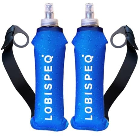 LOBISPEQ®️ - Pack de 2 Soft Flask 500ml con Correa Libre de BPA | Botella Plegable Agua Para Running, Trail Running o Cualquier Deporte | Botella Agua Running de TPU (CORREA, AZUL)