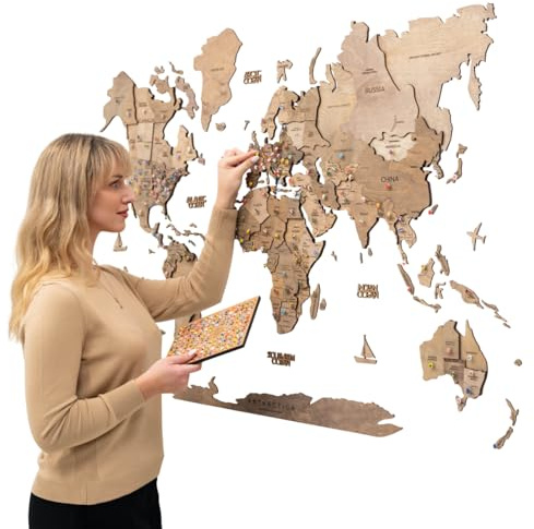 Enjoy The Wood Mappa Mondiale in Legno 3D Arte da Parete Grande Decorazione da Parete Idea Regalo per Inaugurazione Casa Mappa Mondiale in Legno per Viaggi Casa e Cucina o Ufficio (M, Terra)