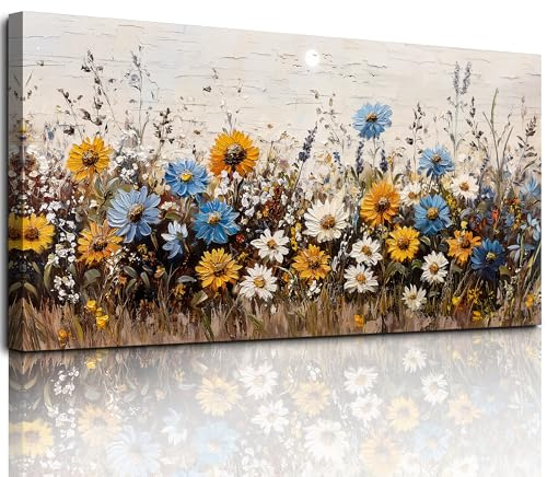 MHARTK66 Quadri Moderni Soggiorno Grandi, 59x119 cm XXL Stampe da Parete Fiore Giallo Blu Mare, Quadro Camera da Letto Su Tela Decorazioni Parete Bagno Ufficio Sala Da Pranzo