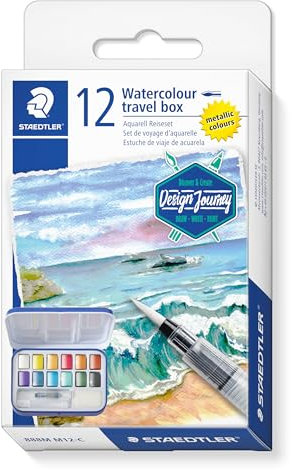 STAEDTLER Set di pittura ad acquerello, set da viaggio, design Journey, con tavolozza di miscelazione, 12 colori metallizzati, pennello ad acqua e spugna, set da 1, 888M M12-C