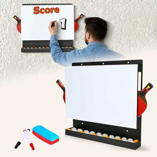 TOPOWN Pickleball/Table Tennis Paddles/Balls Rack with Whiteboard, Holds 4 Paddles and 22 Balls Wall/Fence Mount, Dry Erase Scoreboard with 2 Markers and 1 Eraser, Sturdy & Weatherproof Paddles Rack
