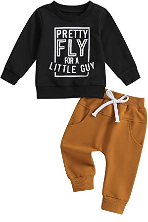 Toddler Baby Boy Fall Winter Outfit Long Sleeve Crew Neck Letters Print Sweatshirt Pullover Shirt Top and Elastic Waist Sweatpants 2Pcs Tracksuit Clothes for Little Boys (Black, 18-24 Months)