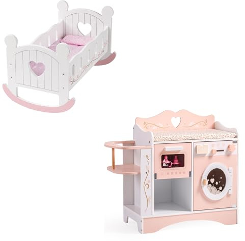 ROBOTIME Wooden Baby Doll Furniture Bundle – 6-in-1 Doll Changing Table with Crib, Washer, Sterilizer & Rocking Baby Doll Cradle with Reversible Bedding – Pretend Play Set for Kids Ages 3+, Fits Dolls