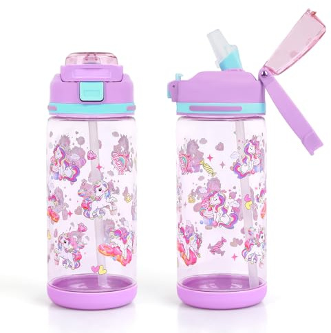 decalsweet Gourde Enfant, Anti-Fuite, 600ml Maternelle avec Paille, Verrouillage Sécurisé, Bouteille Enfant pour École & Sport, Gourde Sport pour Filles et Garçons (Licorne Violette)