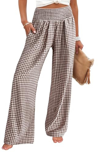 ANRABESS Womens Palazzo Pants, Striped & Gingham, Lounge & Casual, Cute Pajama Pants, Wide Leg, High Waisted, Pockets Brown White Plaid Medium
