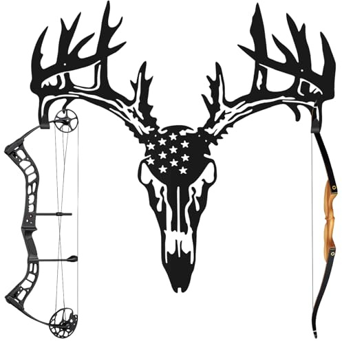 Otoolling Deer Skull Bow Rack Wall Mount Iron Archery Bow Holder Stand Decorative Rustic Wall Display Hanger for Hunting Home Decor Hunter(Flag Pattern Style)
