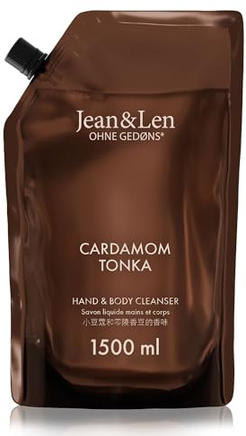 Jean & Len Hand & Body Cleanser Cardamom & Tonka en bolsa de recarga, para una experiencia de limpieza aromática, aroma exótico y especiado, jabón líquido de recarga, vegano, 1,5 L