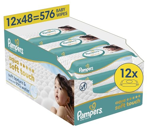 Pampers Aqua Soft Touch Baby-Feuchttücher, 12 Packungen mit 48 Feuchttüchern = 576 Baby-Feuchttücher, weiche Textur & Lotion mit 99% Wasser