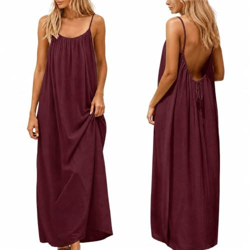 nnOuOnn Robe caraco dos nu pour femme d'été 2026 sans manches, longue robe d'été décontractée, robe d'été fluide à dos ouvert, robe de plage pour la maison