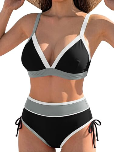 JFAN Costume da Bagno Donna Due Pezzi Push Up Imbottito Reggiseno Sexy Bikini Blocchi di Colore Abiti da Spiaggia Brasiliana Costumi da Bagno Estivi Vita Alta Beachwear,Nero e Bianco L