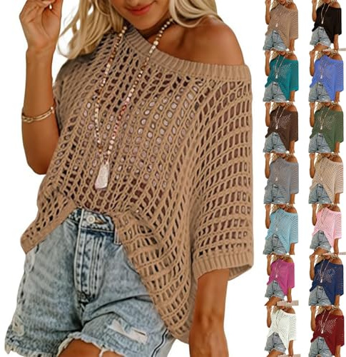 Top da donna all'uncinetto – Top casual da donna copricostume da spiaggia sexy con spalle scoperte fuori spalla manica corta estate maglia spiaggia coprire maglione leggero oversize maglione largo, A2