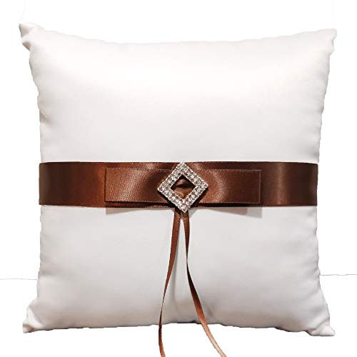 Ringkissen für Hochzeit, Weiß, Kissen für Trauringe mit Satinband in Braun, Strass Verzierung, quadratisch 19,5 x 19,5 cm