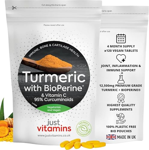 Turmeric Tablets | 12,500mg + Black Pepper BioPerine®, 475mg Curcuminoids & Vitamin C | 120 Vegan Tablets | Joint, Inflammation & Immune Support | UK Made - Just Vitamins