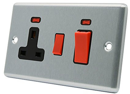 AET CSCCC2NBL 45 A 2-Gang Satin Finish Chrome Classical Black Insert Cooker Control Unit Switch with 13 A Switched Plug Socket and Neon Indicators