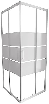 ONDÉE - Porte de douche MISSI, Façade coulissante accès d'angle. 80x185cm - Epaisseur 4mm - Installation réversible - Verre trempé sérigraphié 3 bandes blanches