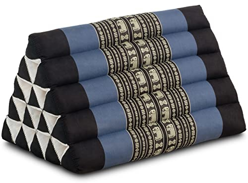 livasia Asia Rückenstützkissen extrahoch - 38x55x35cm - Dreieckskissen für Garten und Balkon, Keilkissen mit Kapok, Lagerungskissen für Beine, handgefertigt, Meditationskissen (Blau/Elefanten)