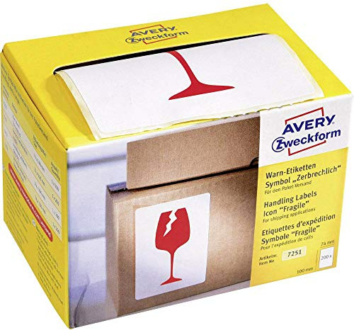 AVERY Zweckform Étiquettes d'avertissement 7251 Symbole : Attention Fragile (200 étiquettes sur rouleau en carton, 78 x 100 mm, autocollantes, utilisables pour expédition/déménagement/international)