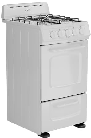Avanti Gas Range Oven, Compact Freestanding Design, 4 Burners with Electronic Ignition, 2.1 Cu.Ft. Capacity Features Solid Door Storage Drawer Broiler and Accessories, 20-Inch, White