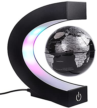 Floating Globe with Colored LED Lights C Shape Anti Gravity Magnetic Levitation Rotating World Map for Gift Home Office Desk Decoration (Black, With switch)
