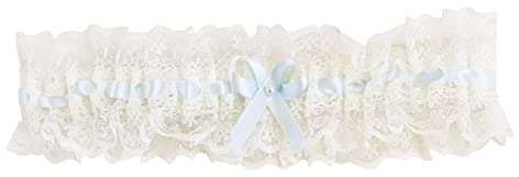 Liga para novia marfil con lazo azul celeste. Liguero novia crudo