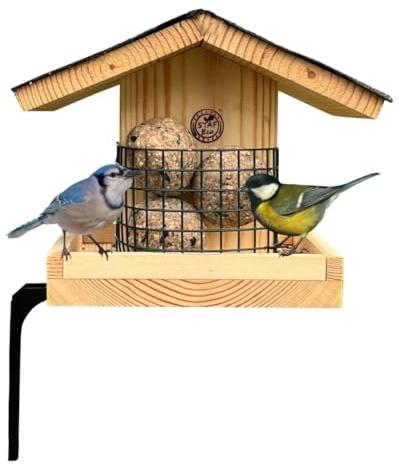 STAFECO Vogelfutterhaus Vogelhaus für Balkon wetterfest Futterhaus Handarbeit Gartenvögel im Garten Balkonhalterung (Natural - Halterung)