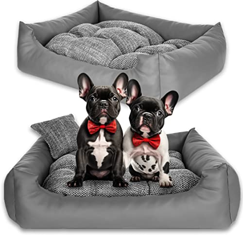 NELKE Dog Basket Faux Leather Dog Bed Medium Dogs Grey Dog Basket Small Dogs 75 x 65 cm Dog Sofa with Dog Cushion Sleeping Places & Furniture for Dogs Washable Dog Bed