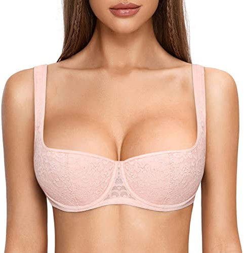 DOBREVA Push Up BH för kvinnor Sexig Balconette BH Vadderad Halvkupa Spets med bygel Gentle Rose 80C
