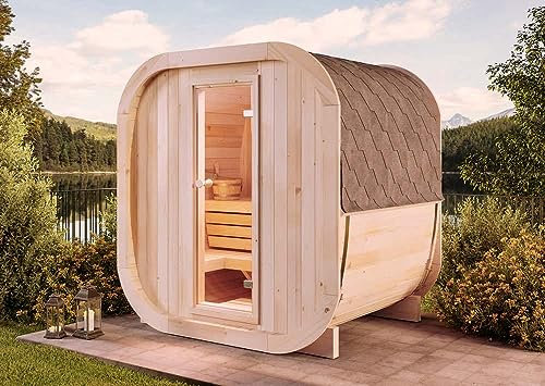 FinnTherm Fasssauna ScandiCube Mini XS, Moderne Outdoor Sauna inkl. Dacheindeckung und Fußboden, Ø 214 x 160 cm, 5 m³ Volumen, Gartensauna mit 42 mm Wandstärke, Außensauna aus nordischer Fichte
