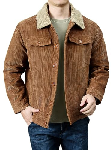 rismart Homme Veste en Velours Côtelé Doublure Sherpa Camionneur Boutonné Col à Revers L'hiver Chaud Manteau Kaki,XL