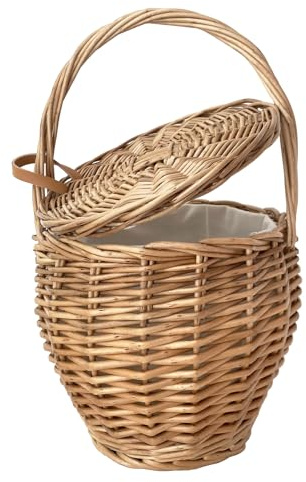 UPTALY 1 sac à main en osier naturel avec couvercle (20 x 34 cm), fait à la main, sac seau rétro avec couvercle, panier à fleurs rond, pot de fleurs suspendu, sac fourre-tout en rotin pour femme, sac