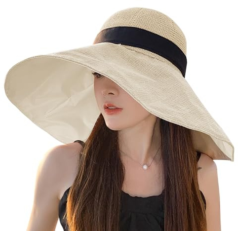 JIAHG Capeline Femme été Pliable Chapeau de Soleil à Bord Large avec Nœud Paillon UV Protection UPF 50+ Chapeau de Plage Voyage Camping Vacances