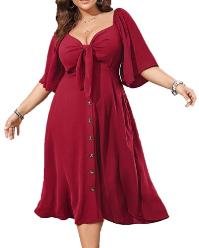BSLVWG Robe d'été pour femme tailles fortes 2024 - Décontractée - Manches courtes - Encolure profonde - Cravate élégante - Coupe ample - T-shirt robe, rouge, XL grande taille