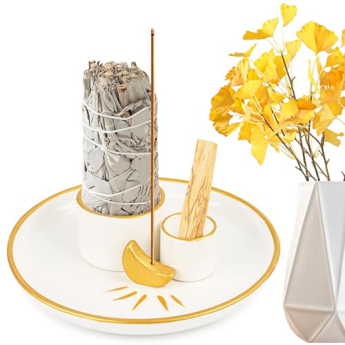 Räucherstäbchen Halter Mond-Design 4 in 1, Palo Santo Räucherschale Keramik, Incense Holder Räucherteller für Räucherwer, Palo Santo Räucherholz, Salbei Räuchern, Yoga Deko Meditation Zubehör