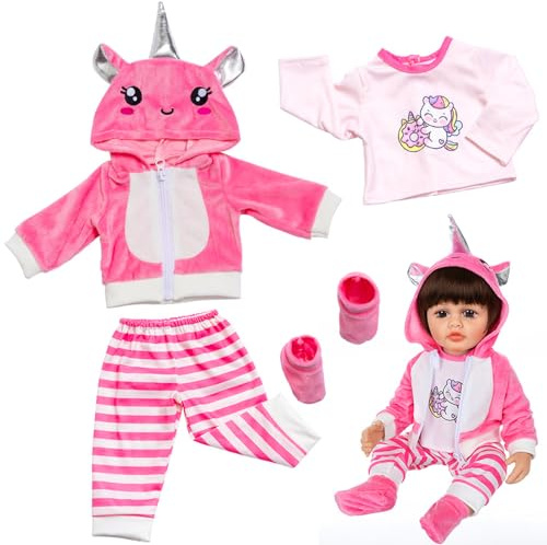 4 Stück Kleidung Outfits für 18-22 Zoll Baby Puppen Puppenkleidung 45-55 cm Kleidung Enthalten 1 Rosa Kapuzenjacke 1 Pferd-T-Shirt 1 Gestreifte Hose 1 Paar Rosa Socken Geburtstagsgeschenk für Mädchen