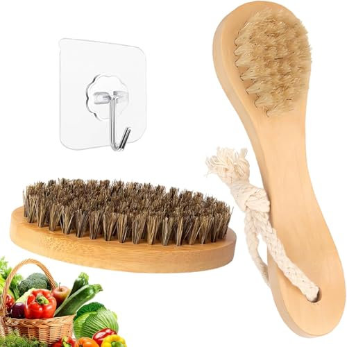 Spazzola per Verdure 2 Pezzi Spazzola per Lavare i Piatti Spazzole da Cucina Spazzola Setole Naturali Maniglia Ergonomica per Pulire Verdure, Frutta E Utensili da Cucina