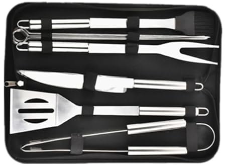 Kit Barbacoa 9 Piezas - Utensilios Barbacoa Acero Inoxidable - Accesorios Barbacoa Completo con Espátula, Tenazas, Cepillos y Pinchos para Jardín, Camping, Fiestas al Aire Libre